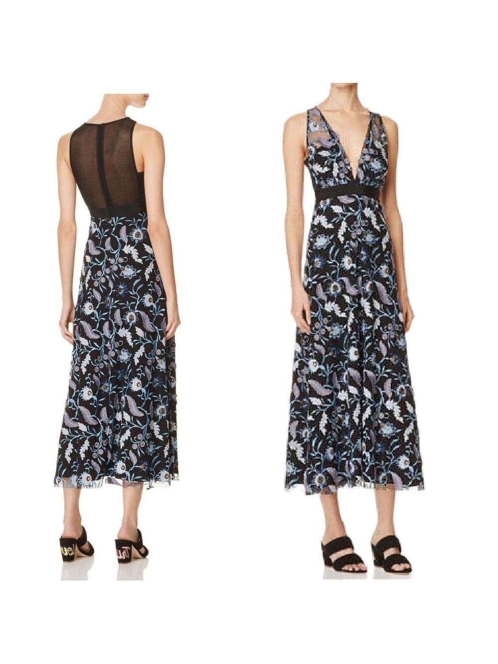 NWT Sandro Floral Embroidered Midi Dress 2 Black Blueshine Mesh Sheer Sleeveless - Picture 2 of 14